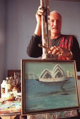 William Blundell who paints copies of famous art works with one of his creations inspired or in the style of William Dobell, 2000.