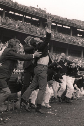 Carlton coach Ron Barassi jumps for joy after the comeback victory over Collingwood in the fabled 1970 VFL grand final.
