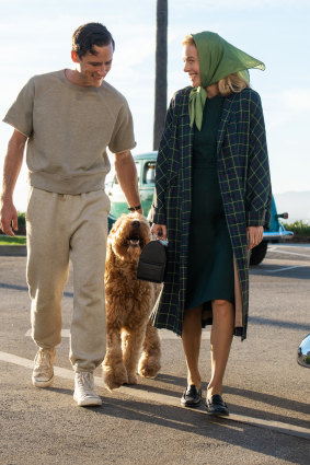Lewis Pullman as Calvin Evans and Brie Larson with 6.30, the dog.