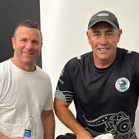 Willie Peters (left) and Shane Flanagan take a breaking from working out in Las Vegas.