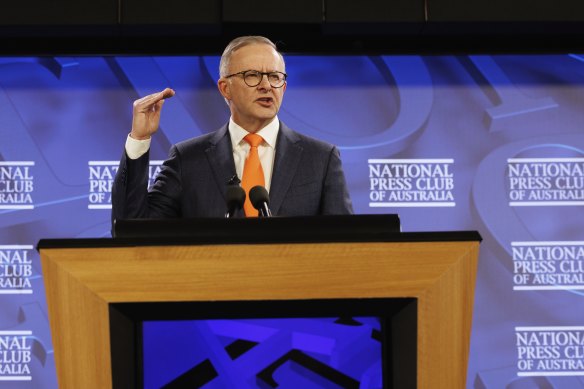 Prime Minister Anthony Albanese during today’s National Press Club address. 