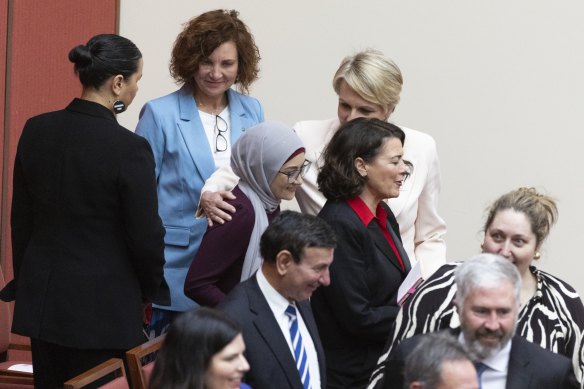 Fatima Payman and Tanya Plibersek after the swearing-in of Governor-General Sam Mostyn.