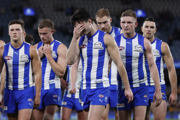 Dejected North Melbourne players after their big loss to Hawthorn.
