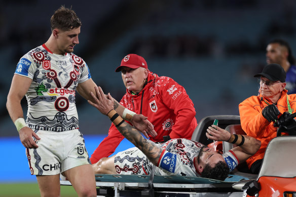 Zac Lomax consoles Jack Bird as he’s taken from the field.