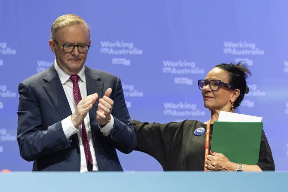 Prime Minister Anthony Albanese and Indigenous Australians Minister Linda Burney at the Labor national conference in Brisbane on August 19.