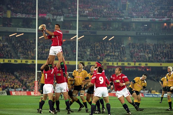 Martin Johnson wins a line out during the second Test Match in 2001.