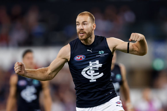 Harry McKay of the Blues celebrates a goal during the 2024 AFL Opening Round against the Lions.