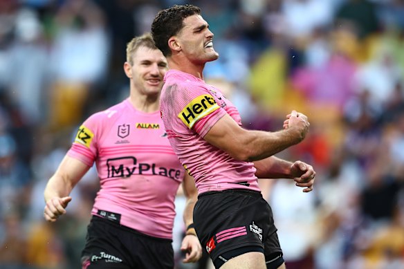 Nathan Cleary celebrates his try.