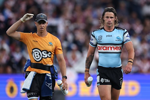 Nicho Hynes leaves the field early on Saturday night.