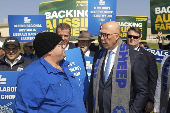 Ben Sutherland from Keep the Sheep and Opposition Leader Peter Dutton during the farmers’ rally at the front of Parliament House in Canberra. 