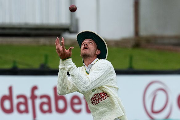 Marco Jansen prepares to catch the ball to dismiss Marnus Labuschagne.