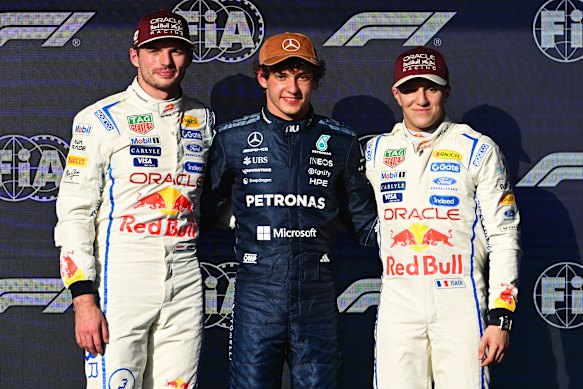 The top three from qualifying for the US Grand Prix: Max Verstappen (P2), Kimi Antonelli (P1), Isack Hadjar (P3).