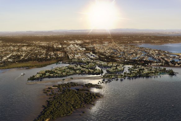 The Walker Group’s latest images for the controversial $1.4 billion Toondah Harbour development at Cleveland. Cassim Island, used as a roosting site by international migratory birds, is in the foreground.