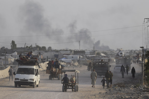 Palestinians fleeing from the southern Gaza city of Rafah during an Israeli ground and air offensive in the city on Tuesday.