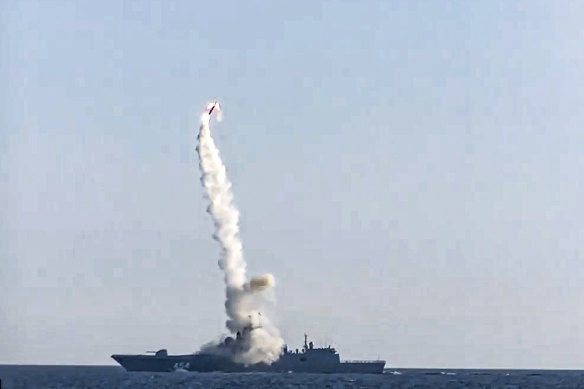 A new Zircon hypersonic cruise missile is launched by the frigate Admiral Gorshkov of the Russian navy from the White Sea, in the north of Russia,  last July.