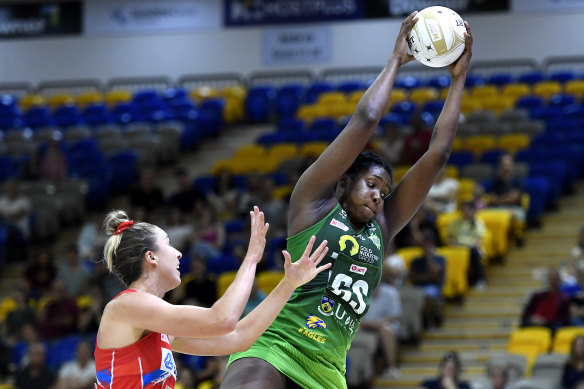 Jhaniele Fowler wins the ball during the victory over the Swifts.