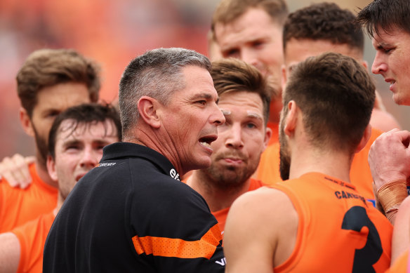 Greater Western Sydney coach Adam Kingsley talks to his players during Round 3 against Carlton