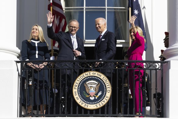 Jodie Haydon, Prime Minister Anthony Albanese, US President Joe Biden and first lady Dr Jill Biden during an arrival ceremony at the White House.