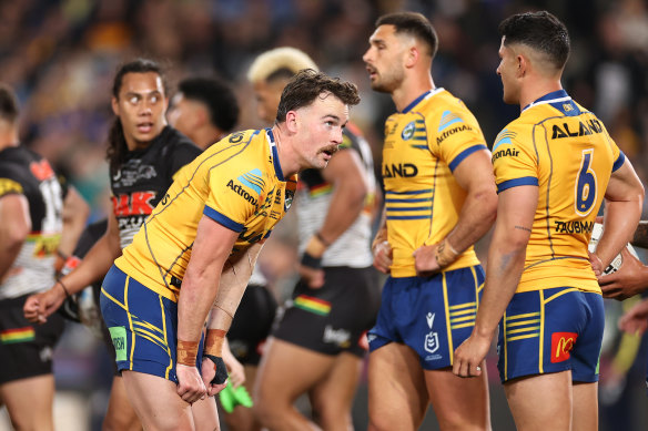 Eels fullback Clint Gutherson reacts after the Panthers score another try.