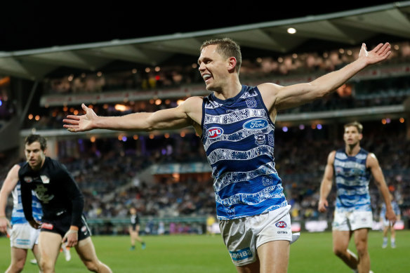 Cats captain Joel Selwood celebrates a goal against Carlton at GMHBA Stadium.