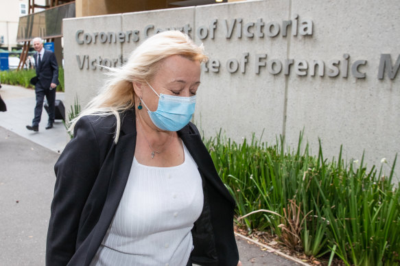 Vicky Kos, the former director of nursing at St Basil’s in Fawkner, leaves the Coroners Court after declining to give evidence at an inquest into 45 deaths at the aged care home.
