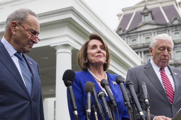 Senate minority leader Chuck Schumer, left, House Speaker Nancy Pelosi, and House majority leader Steny Hoyer.