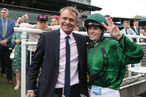 David McColm celebrates with Craig Williams after Far Too Easy’s Kosciuszko win.