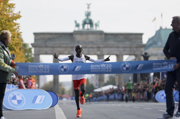 Kenya’s Eliud Kipchoge crosses the line to win the Berlin Marathon in September.