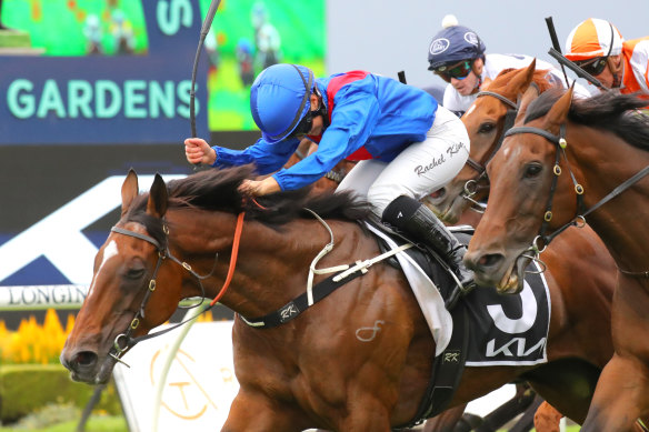 Rachel King celebrates on Arapaho after winning the Tancred Stakes at Rosehill on Saturday.