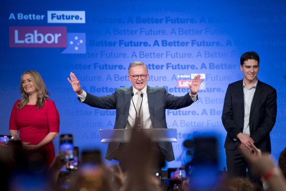 Anthony Albanese celebrates on election night. 