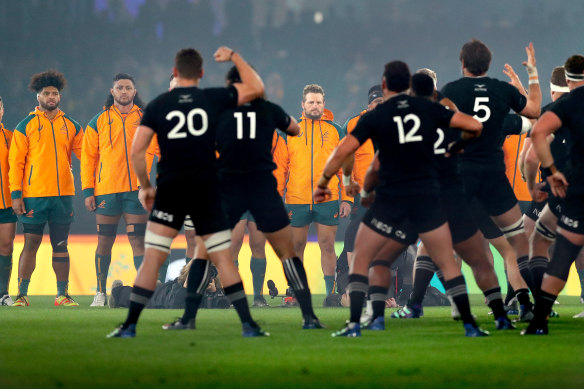 The Wallabies stare down the haka in Melbourne in 2022.