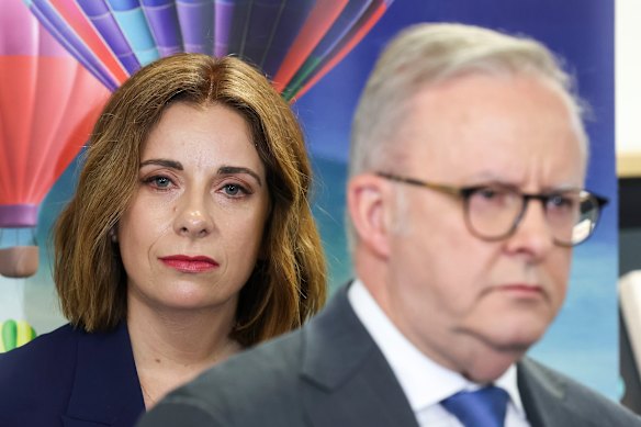 Sports Minister Anika Wells and Prime Minister Anthony Albanese in Canberra on Thursday.