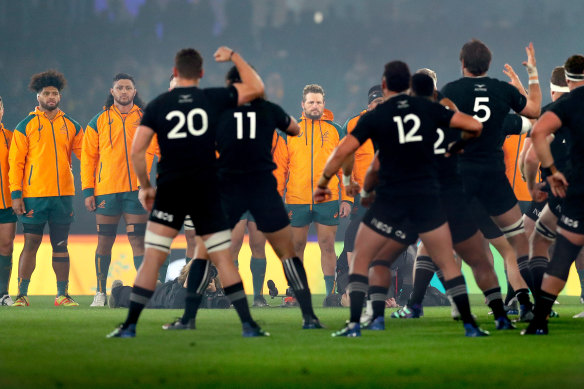 The Wallabies face the All Blacks’ haka.