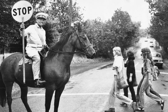 In 1980, lollipop man Jock Read made himself conspicuous to Eltham motorists by riding Eddie, one his three horses, while on the job. 