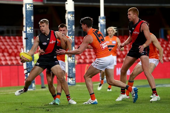 Jake Stringer is tackled during the Bombers’ loss to GWS.