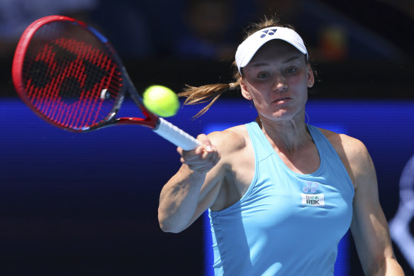 Elena Rybakina of Kazakhstan hits a return shot to Laura Siegemund of Germany during their United Cup in Perth.