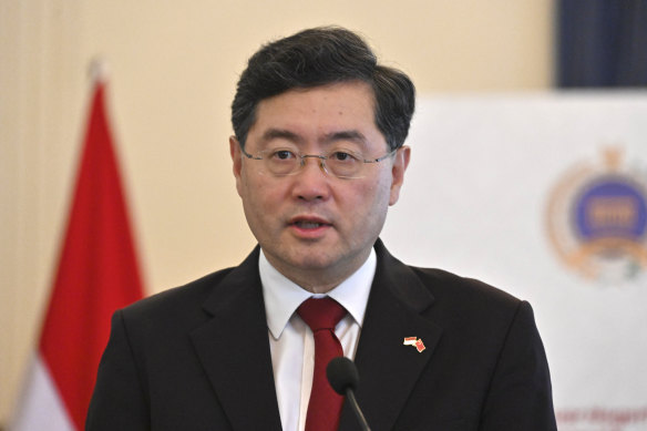 Chinese Foreign Minister Qin Gang speaks to media in Jakarta on February 22.