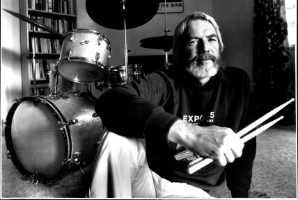 Jazz drummer John Pochee at his home in Coogee, 1986.