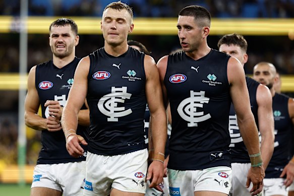 Patrick Cripps and Jacob Weitering after Carlton’s loss to Richmond one.