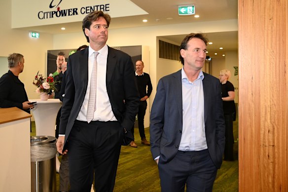 Tabcorp CEO and former AFL CEO Gillon McLachlan and current AFL CEO Andrew Dillon in 2023. 
