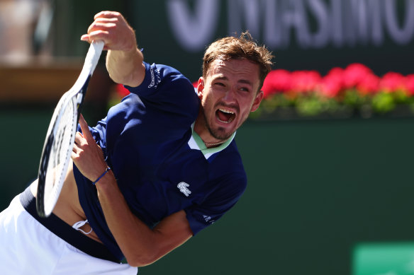 Daniil Medvedev serves during his match against Gael Monfils at the Indian Wells Tennis Garden