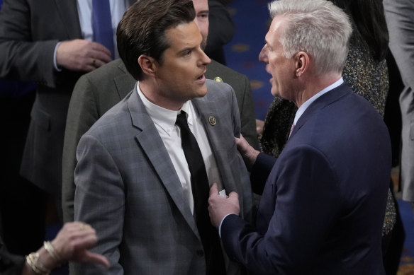 Kevin McCarthy, right, in an argument with Matt Gaetz during a motion to adjourn after the 14th round (it was defeated).