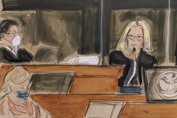 A courtroom sketch of Eva Andersson Dubin, right, testifying as Judge Alison Nathan, left, listens. 
