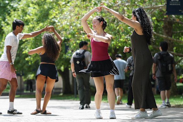 University of Melbourne students, including Rachel Winter (centre), run a range of clubs including DanceSport, which aren’t focused on drinking.