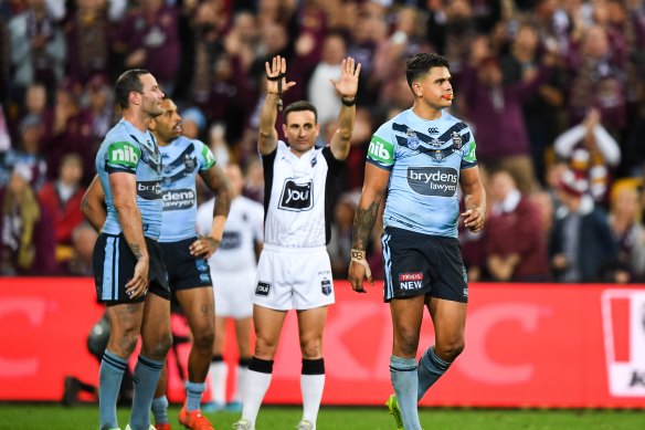 You’re off: Latrell Mitchell is sent to the sin bin in game one of the 2019 Origin series.