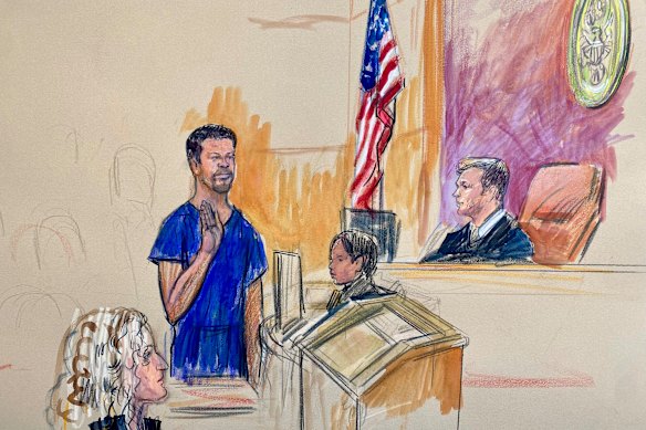 A courtroom sketch depicts Cole Tomas Allen (left), the California man arrested in the shooting incident at the correspondents’ dinner in Washington.