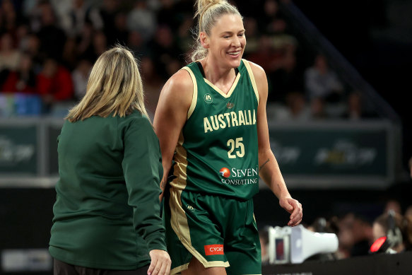 Lauren Jackson of the Opals reacts with Cheryl Chambers, stand-in coach of the Opals on Friday night.