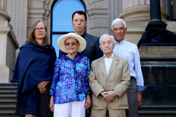 Back row (from left): Jayne Josem, Dvir Abramovich and Jack Leder; and front Sarah Saaroni (left) and Abram Goldberg on the steps of Victorian parliament.