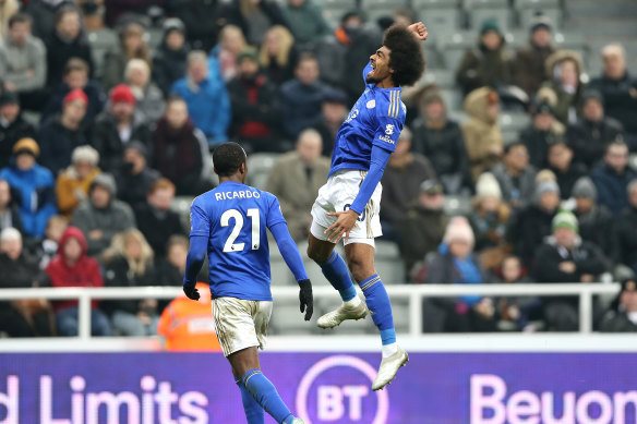 Leicester City's Hamza Choudhury celebrates after scoring against Newcastle United.