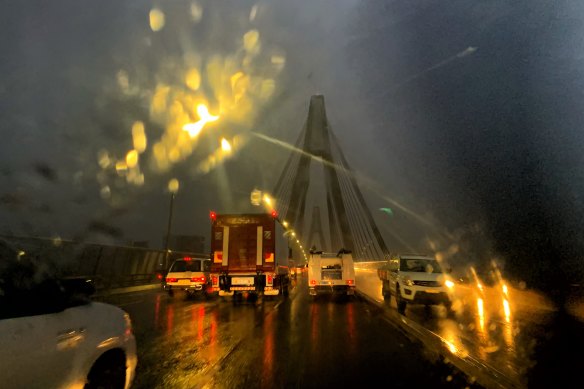 Traffic on the Anzac Bridge during the heavy downpour in Sydney on Wednesday.